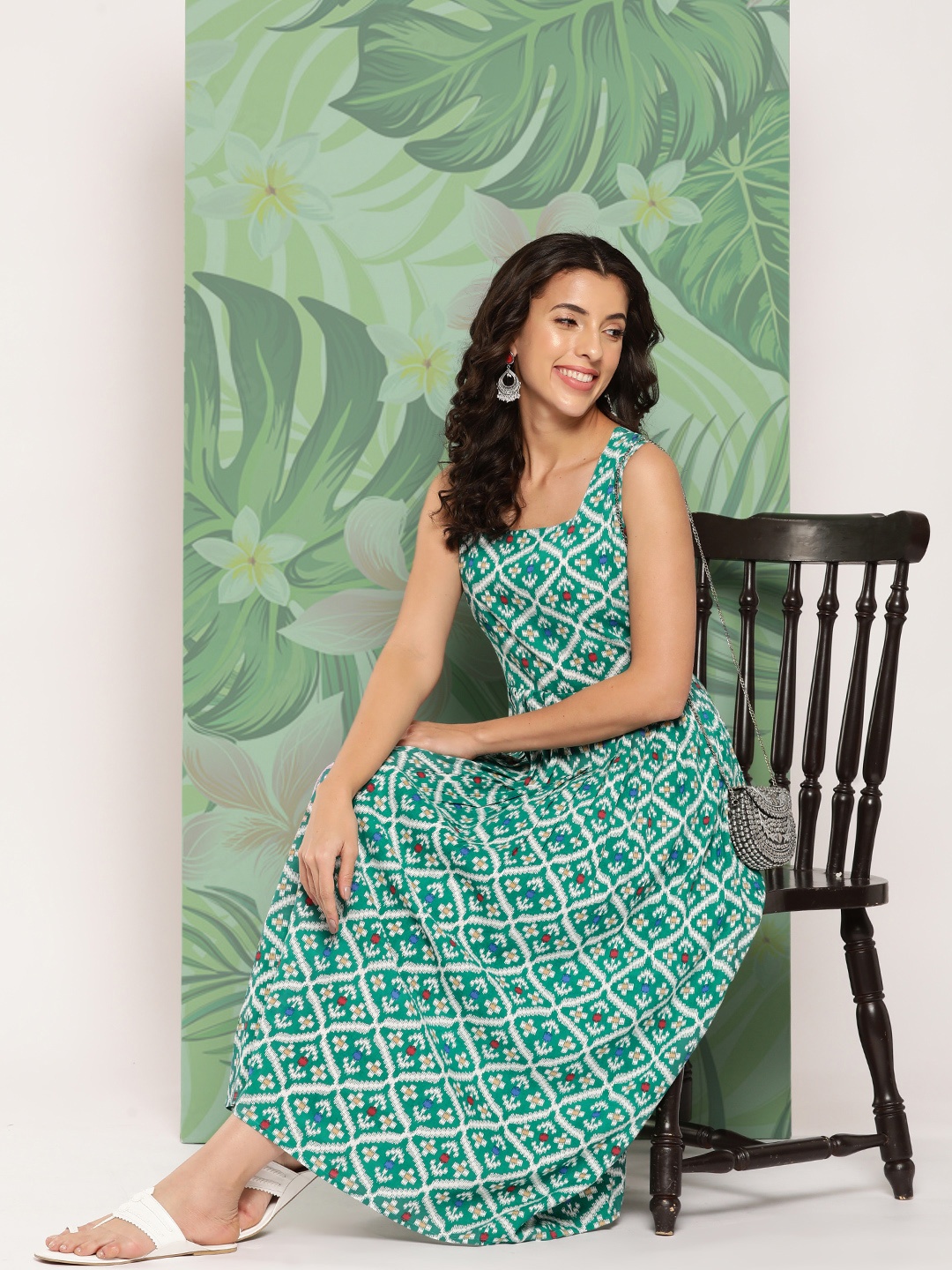 

mokshi Tribal A-Line Midi Dress, Green