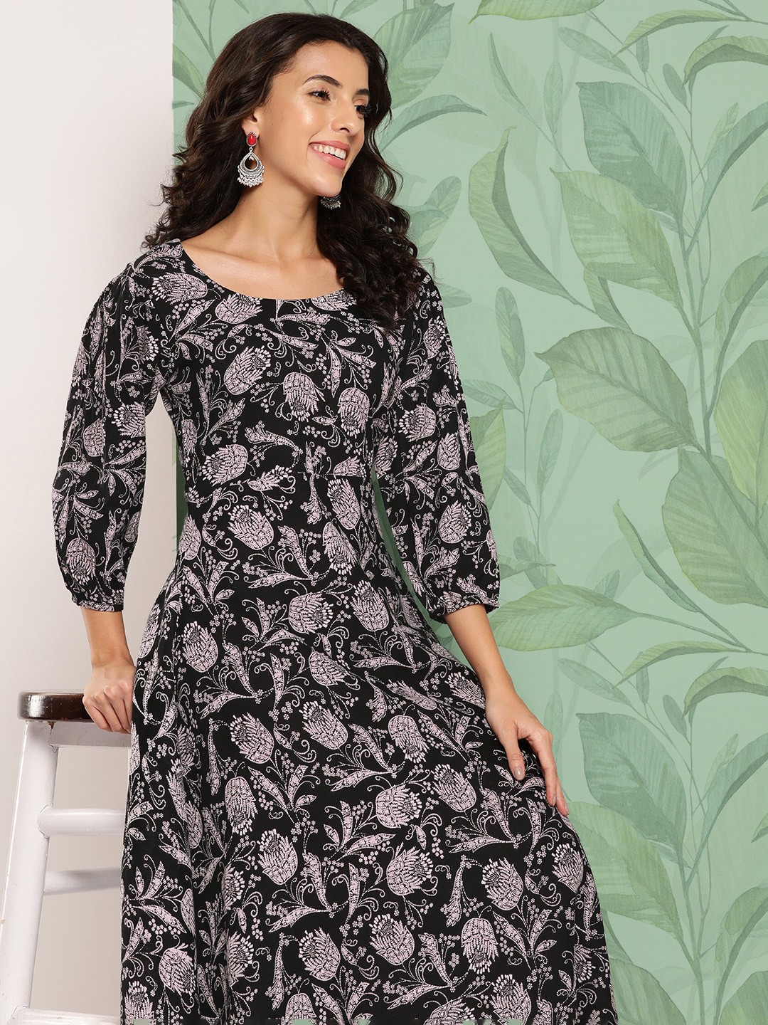 

mokshi Floral A-Line Maxi Dress, Black