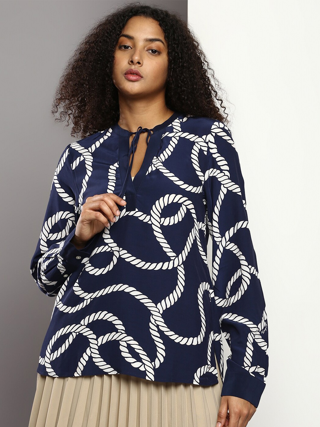 

Tommy Hilfiger Printed Tie-Up Neck Top, Blue