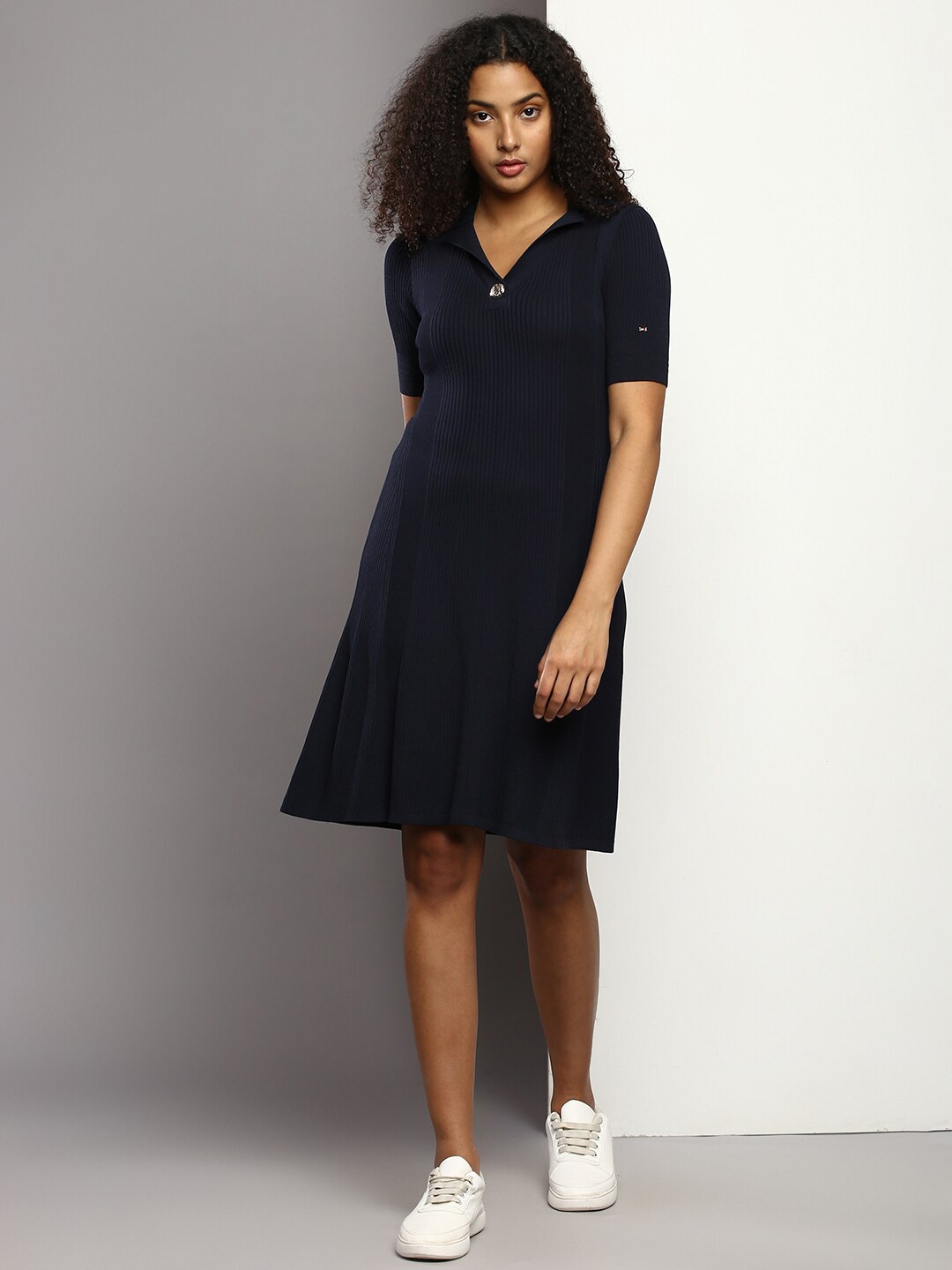 

Tommy Hilfiger Striped Self Design V-Neck A-Line Dress, Blue