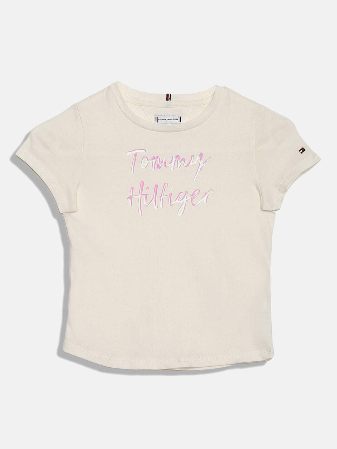 

Tommy Hilfiger Girls Typography Printed Extended Sleeves Cotton T-shirt, Beige