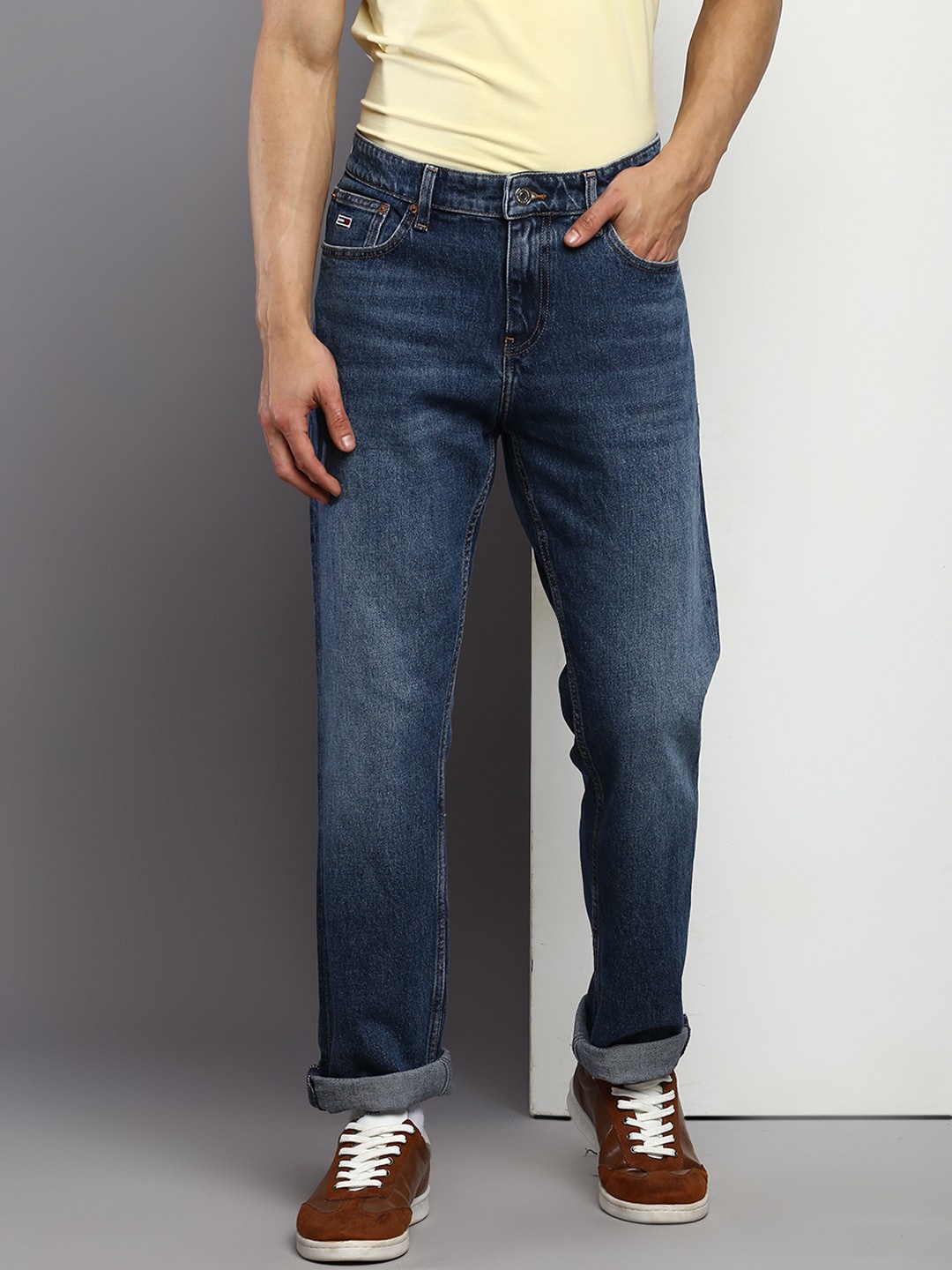 

Tommy Hilfiger Men Mid-Rise Straight Fit Light Fade Cuffed Hem Jeans, Blue
