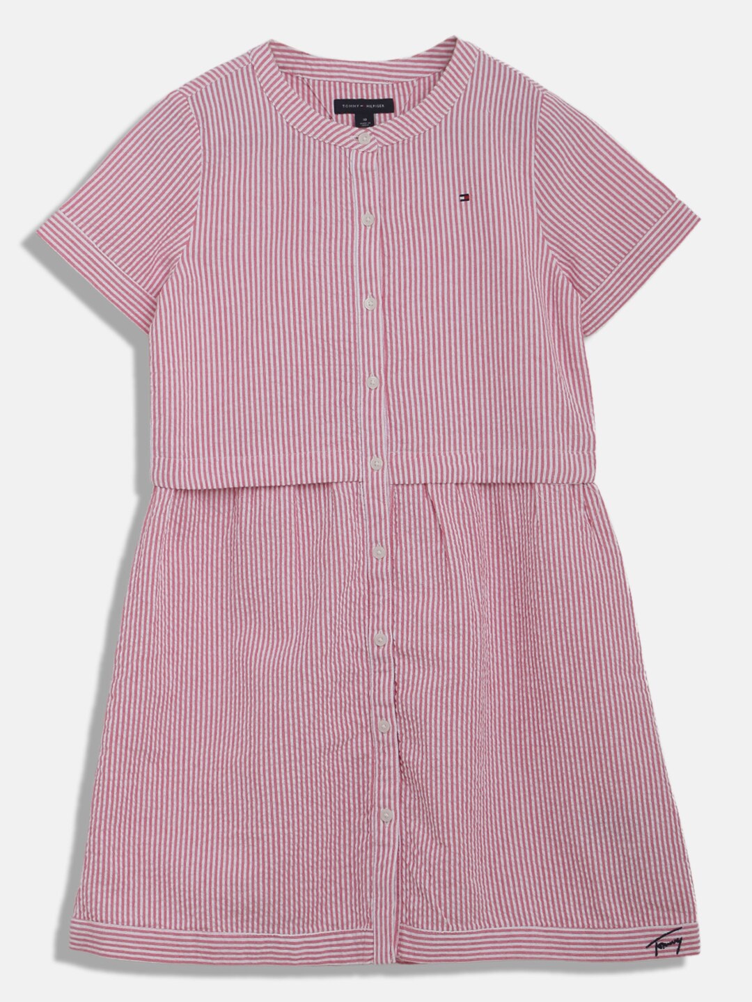 

Tommy Hilfiger Girls Round Neck Striped Cotton Shirt Dress, Pink