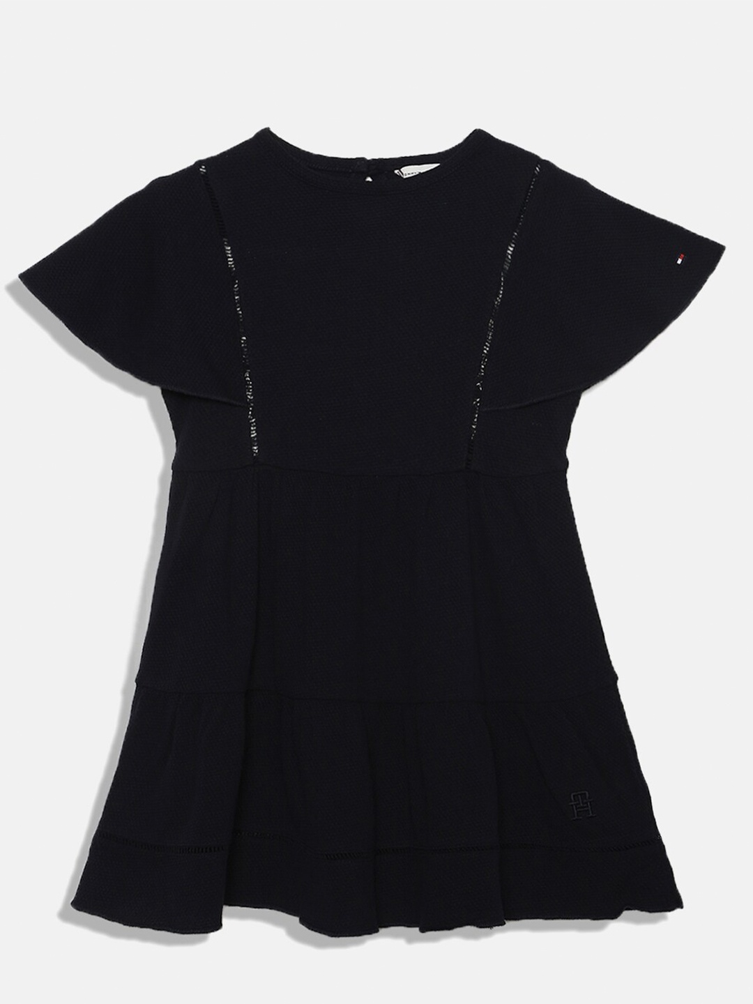 

Tommy Hilfiger Girls Round Neck Flared Sleeve Tiered Fit & Flare Cotton Dress, Black