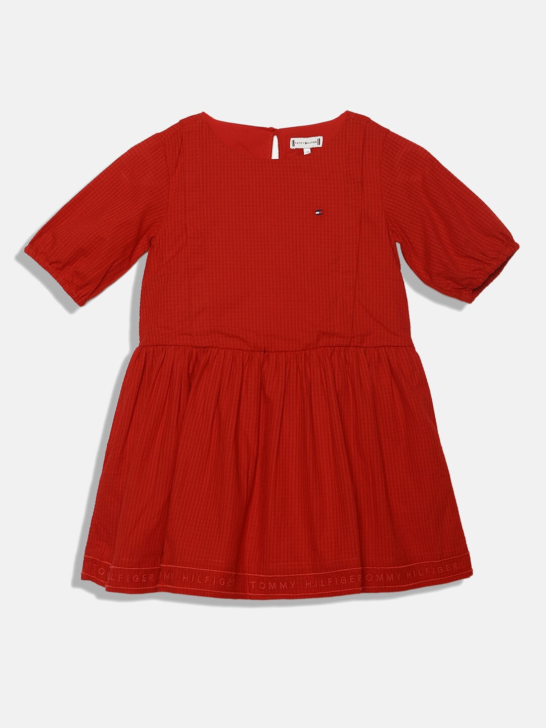 

Tommy Hilfiger Girls Round Neck Cotton Fit & Flare dress, Red