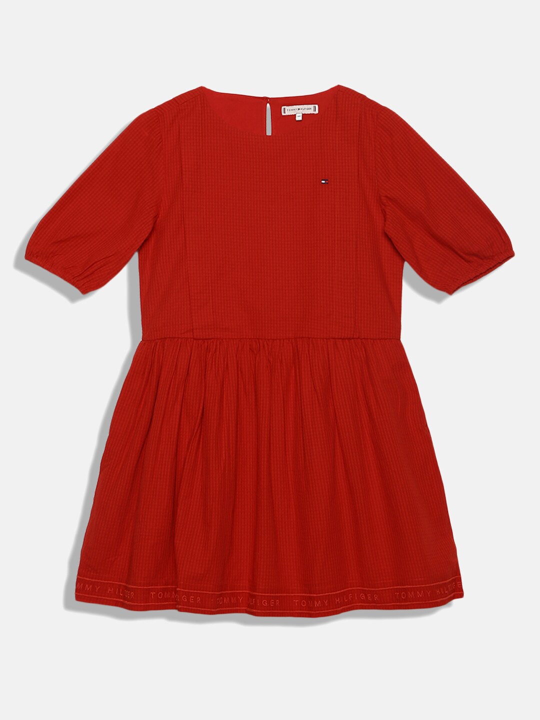 

Tommy Hilfiger Girls Round Neck Cotton Fit & Flare dress, Red