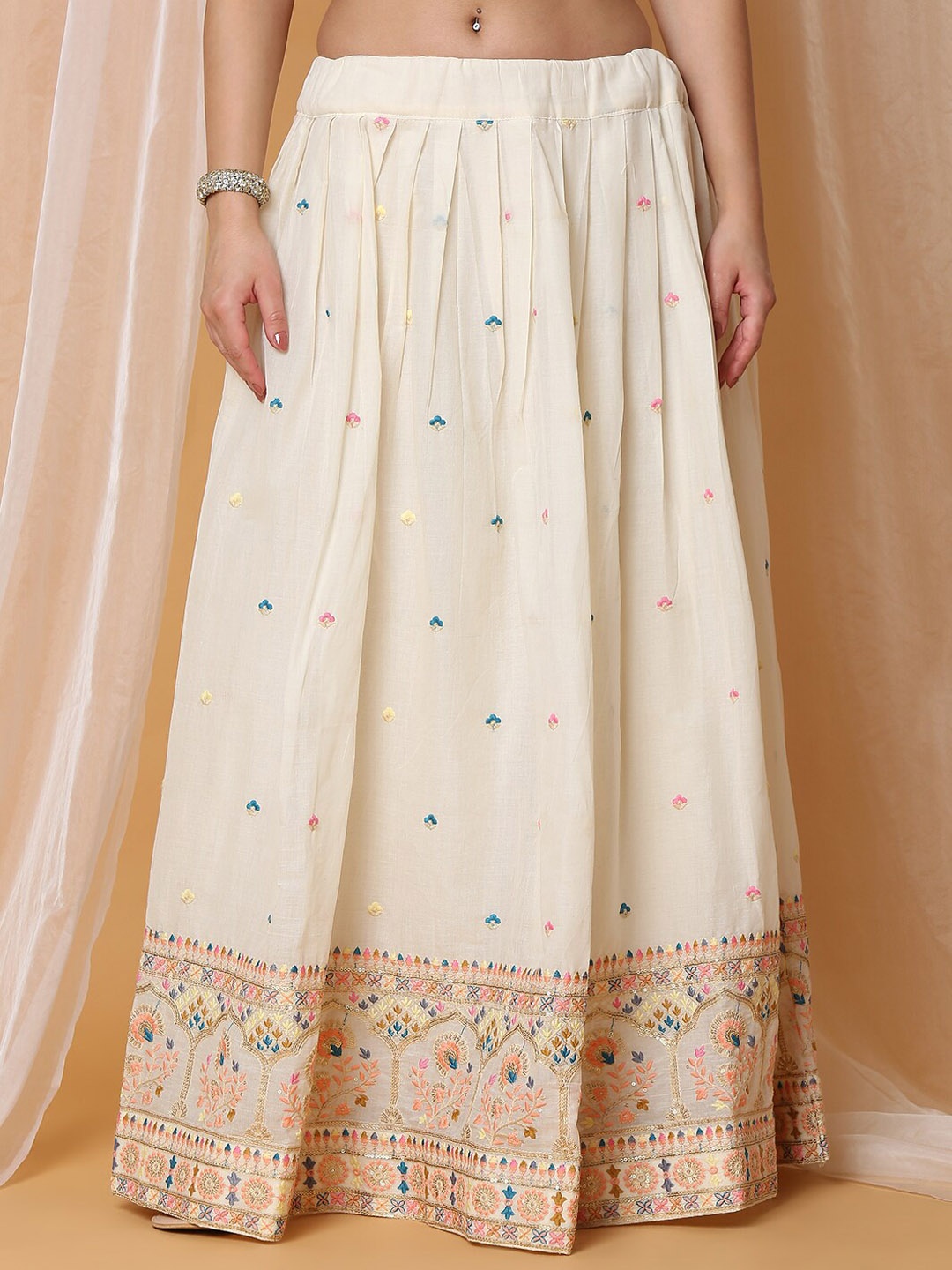

SALWAR STUDIO Embroidered Pure Cotton Flared Maxi Skirt, Cream