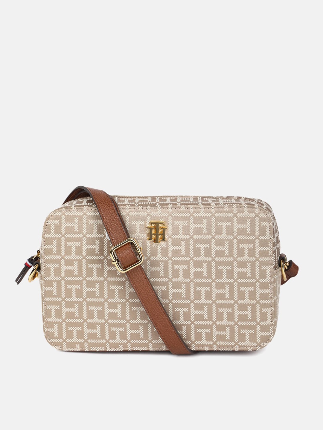 

Tommy Hilfiger Abstract Self Design Structured Sling Bag, Beige