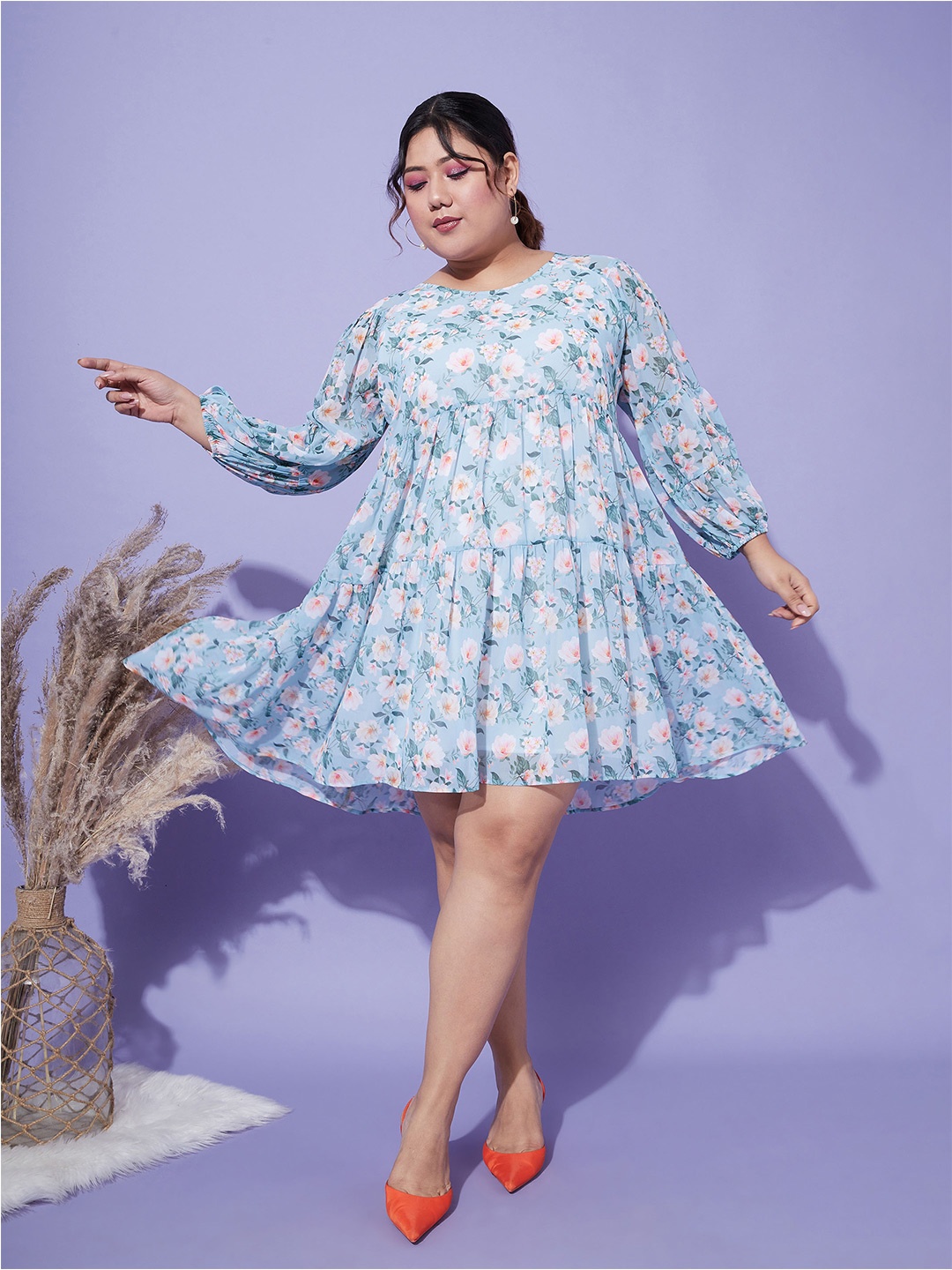 

SASSAFRAS Curve Floral Printed Puff Sleeves Tiered Georgette Fit & Flared Dress, Turquoise blue