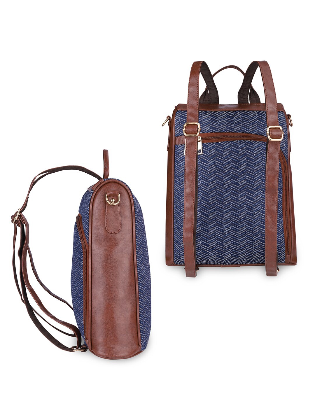 

THE CLOWNFISH Women Blue & Brown Striped Backpack with Anti-Theft