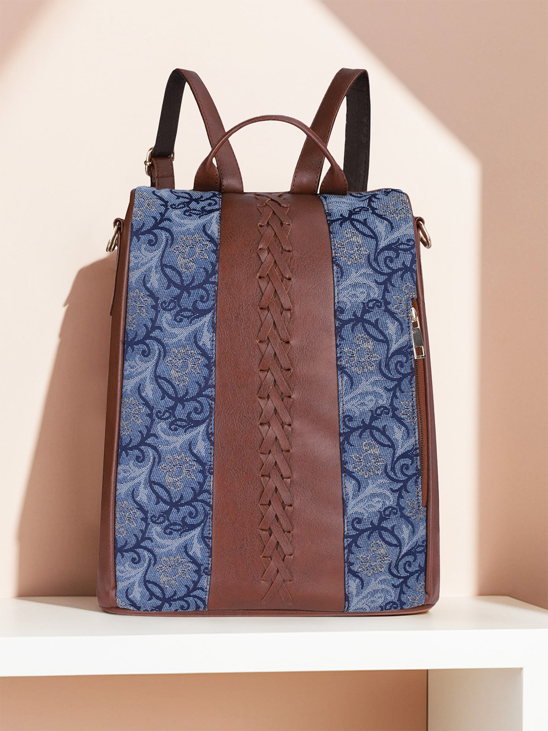 

THE CLOWNFISH Women Navy Blue & Brown Backpack with Anti-Theft