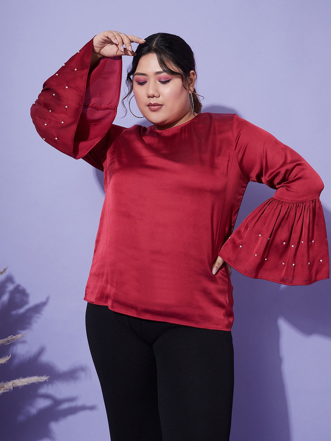 

SASSAFRAS Curve Plus Size Bell Sleeves Embellished Satin Top, Red