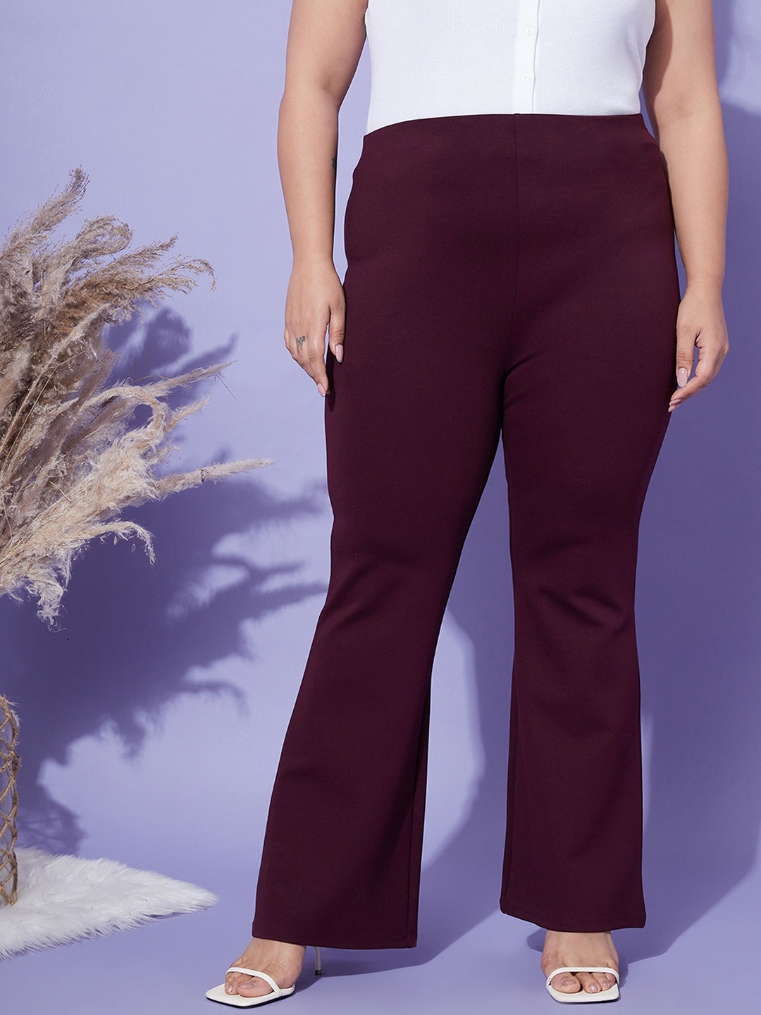 

SASSAFRAS Curve Women 4-Way Stretch Bell Bottom High-Rise Trousers, Burgundy