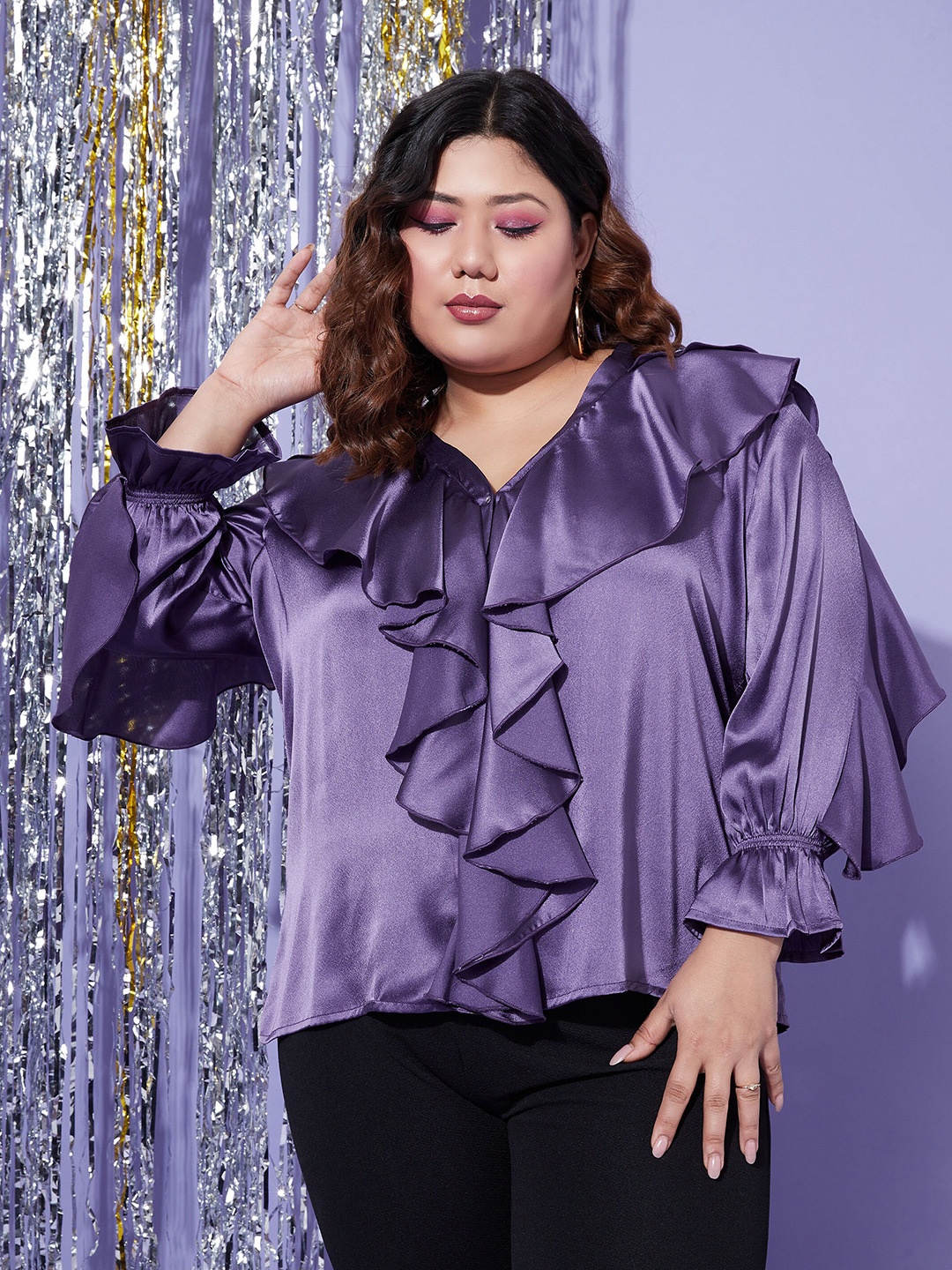 

SASSAFRAS Curve Plus Size Cascading Ruffles Satin Top, Purple