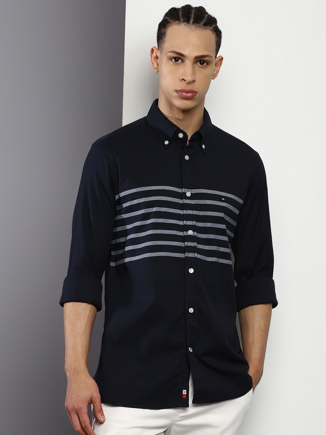 

Tommy Hilfiger Horizontal Stripes Striped Cotton Casual Shirt, Navy blue