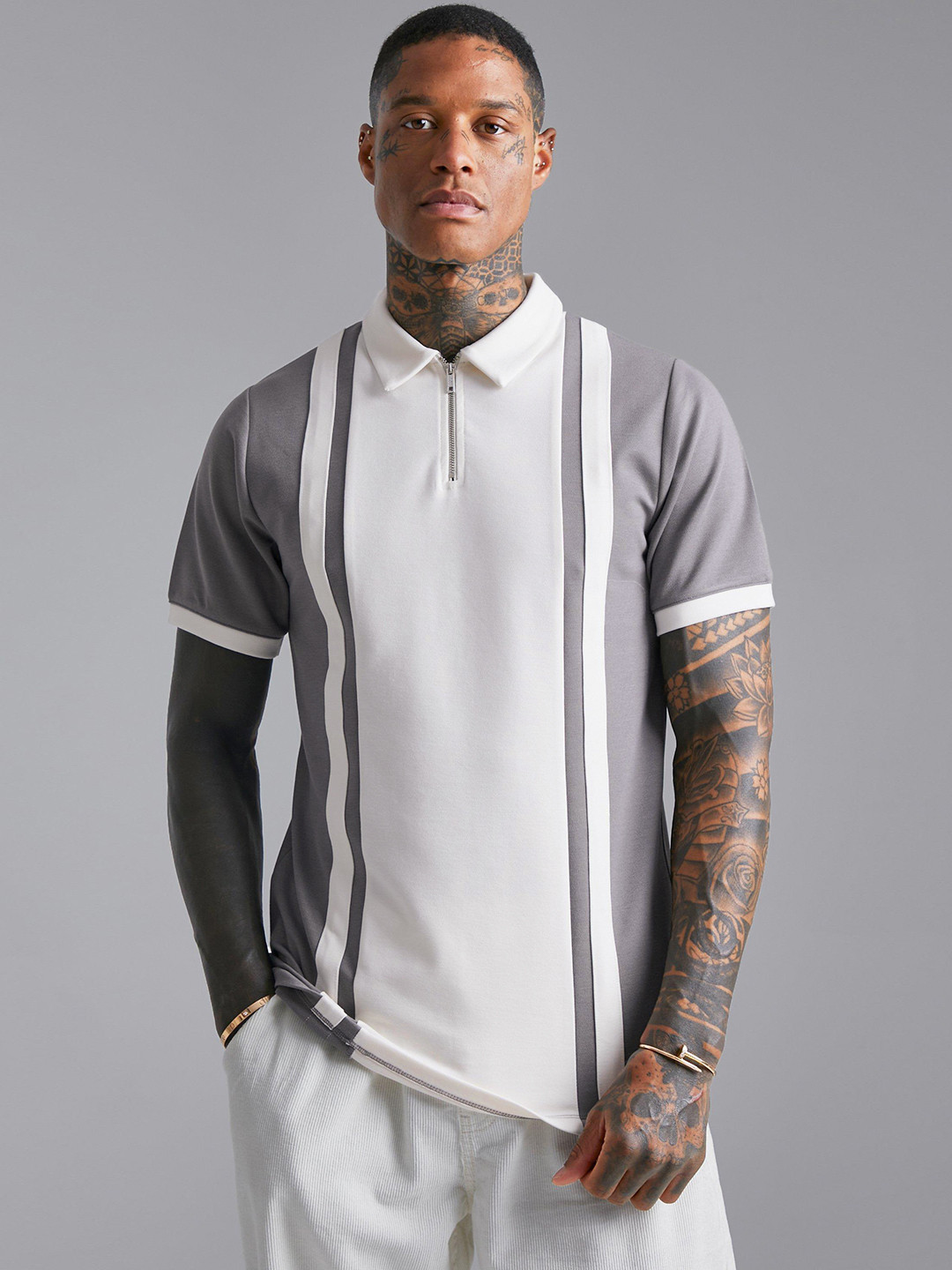 

boohooMAN Striped Polo Collar Slim Fit T-shirt, White