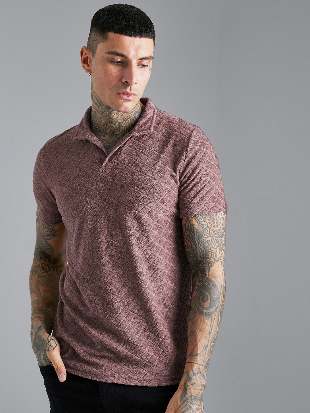

boohooMAN Self Design Polo Collar T-shirt, Rose