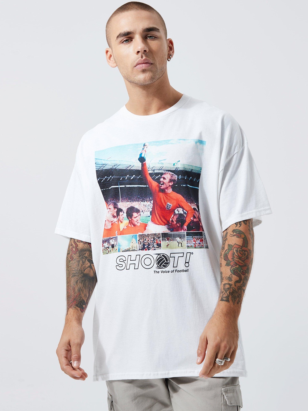 

boohooMAN Oversized Sports Printed Drop-Shoulder Sleeves Pure Cotton T-shirt, White