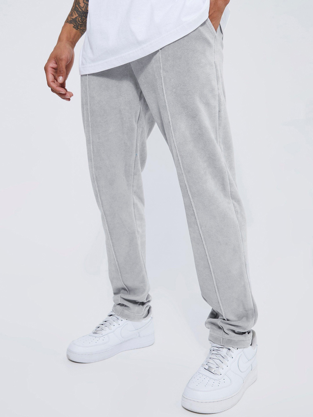 

boohooMAN Velvet Finish Skinny Fit Pintuck Track Pants, Grey