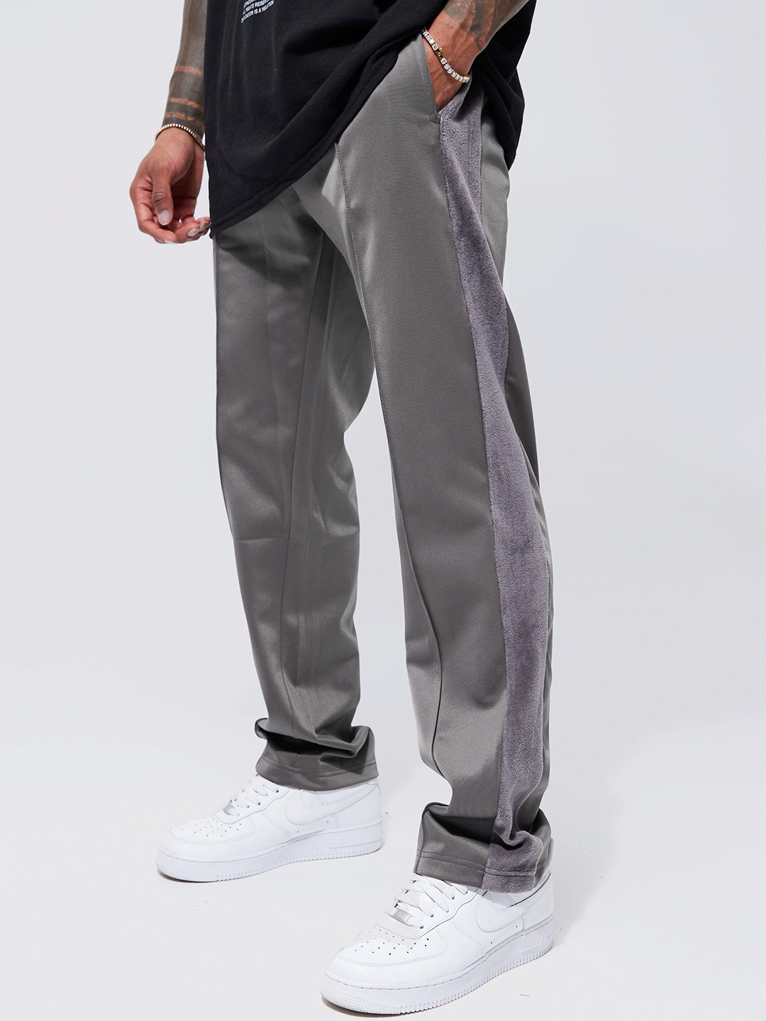 

boohooMAN Tricot Velvet Panel Track Pants, Charcoal