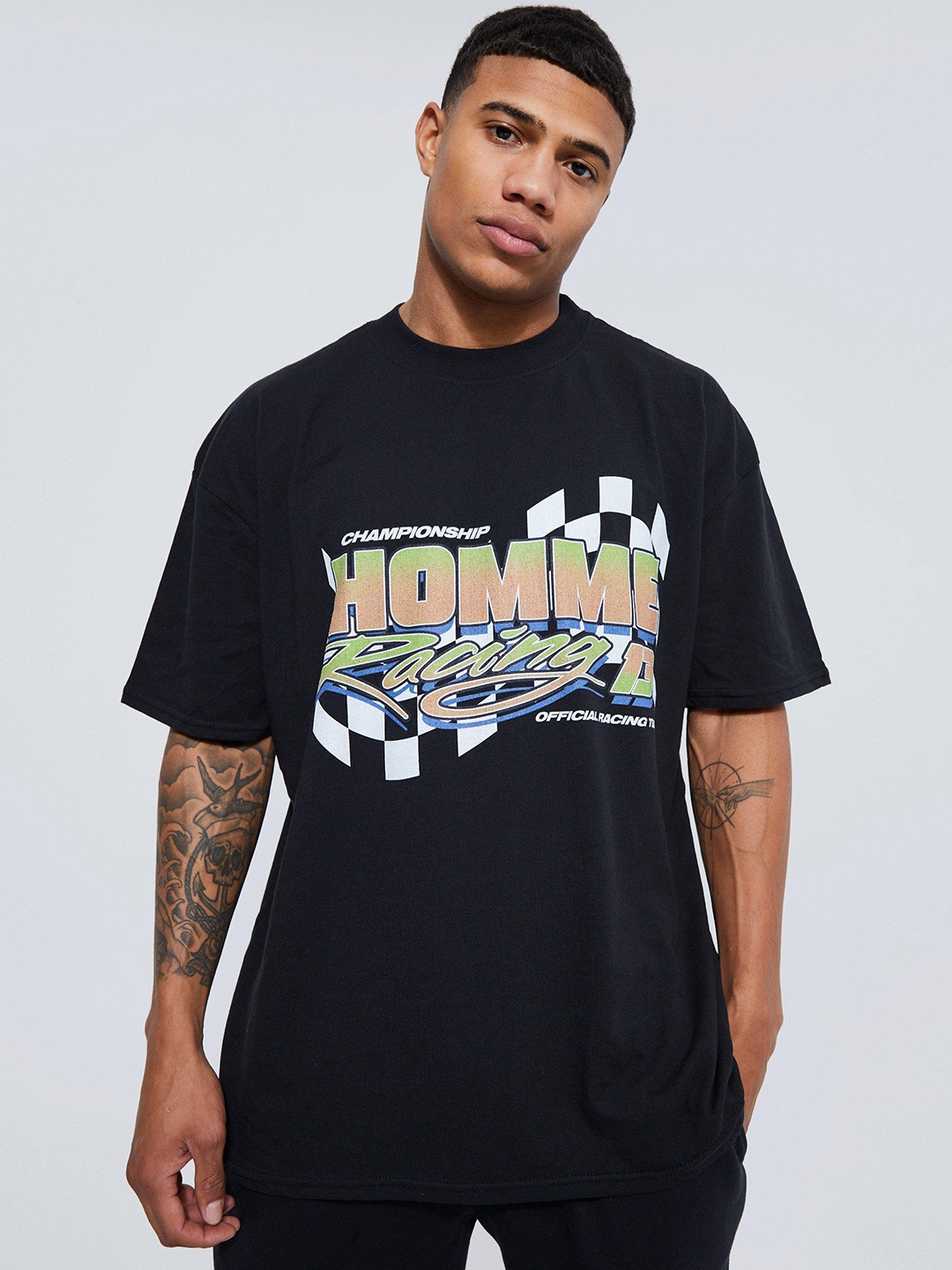 

boohooMAN Typography Printed Oversized T-shirt, Navy blue