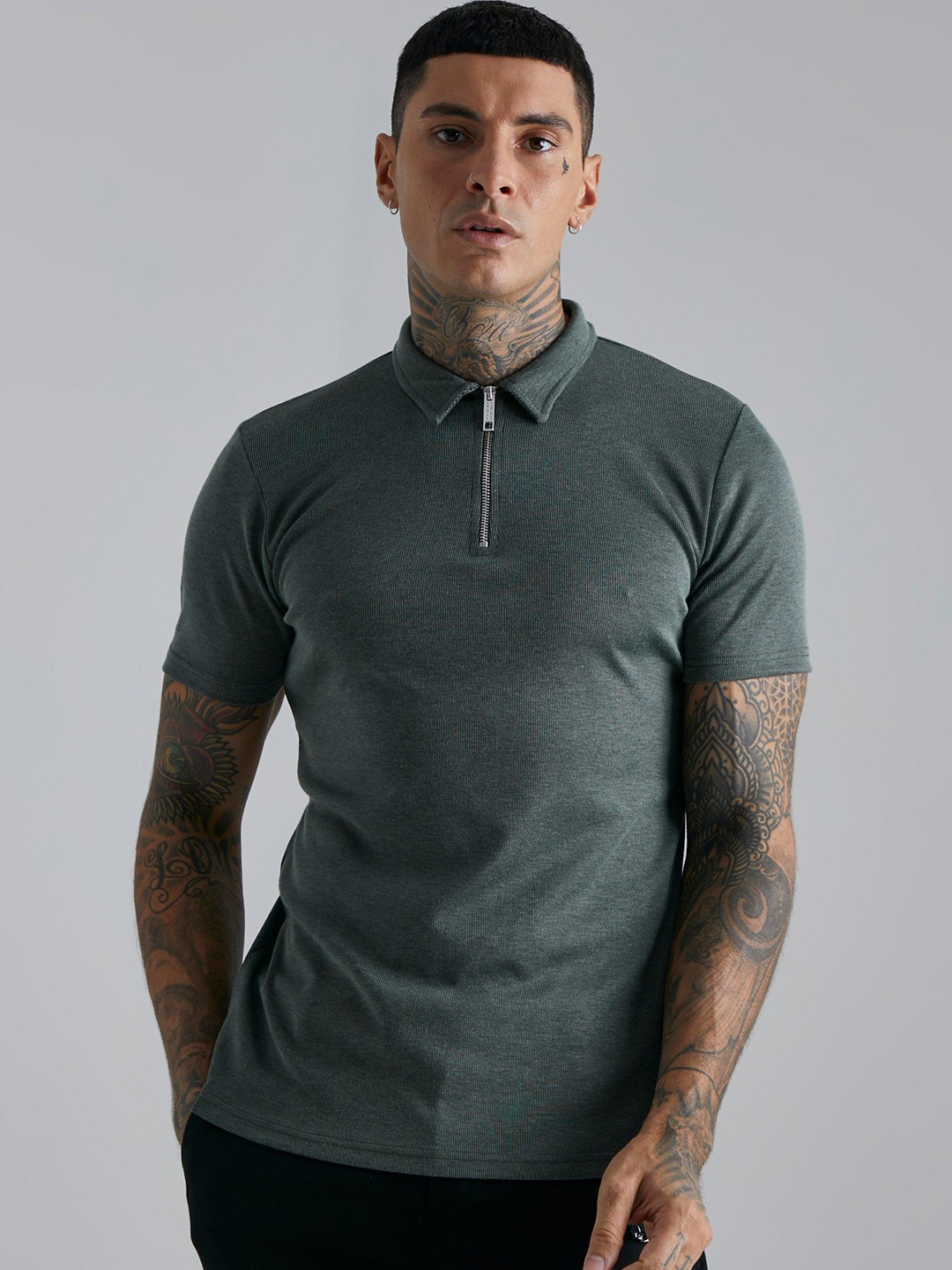 

boohooMAN Ribbed Polo Collar T-shirt, Charcoal