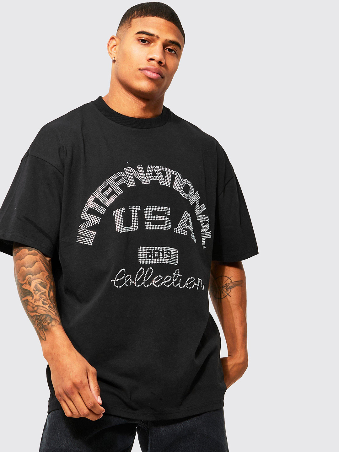 

boohooMAN Oversized Typography Embellished Drop-Shoulder Sleeves Pure Cotton T-shirt, Black