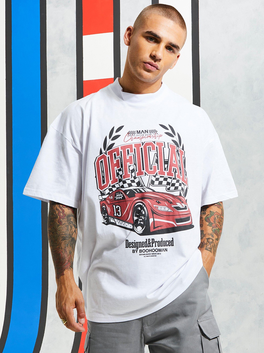 

boohooMAN Printed Oversized Pure Cotton T-shirt, White