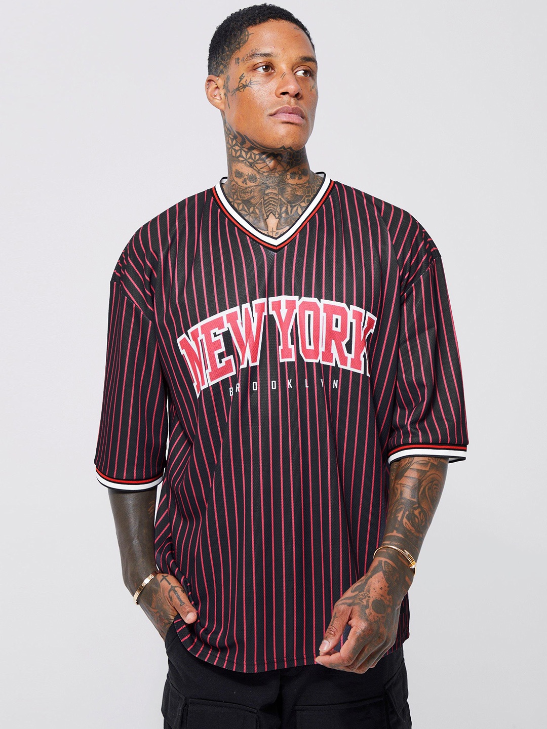 

boohooMAN Striped Printed Oversized T-shirt, Navy blue