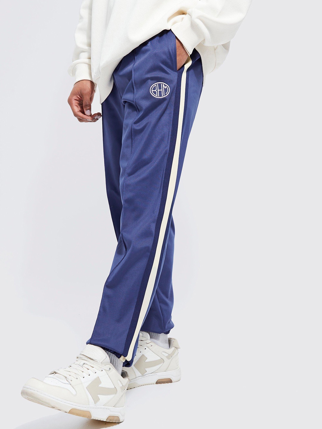 

boohooMAN Slim Fit Tricot Tape Joggers, Blue