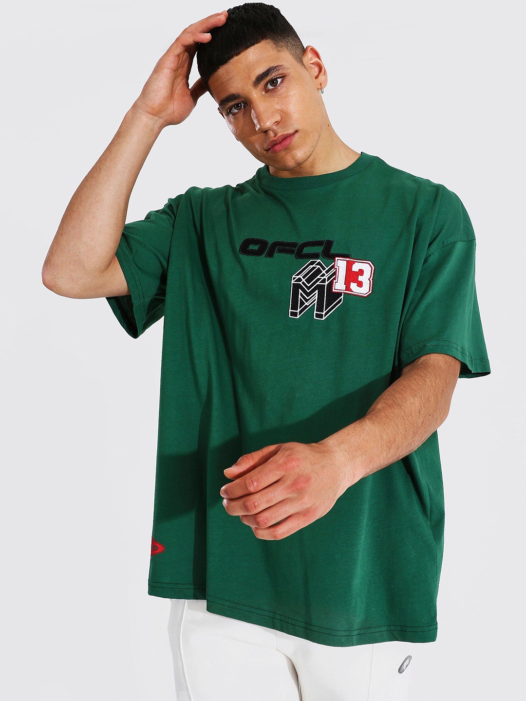 

boohooMAN Applique Detail Pure Cotton Oversized T-shirt, Green