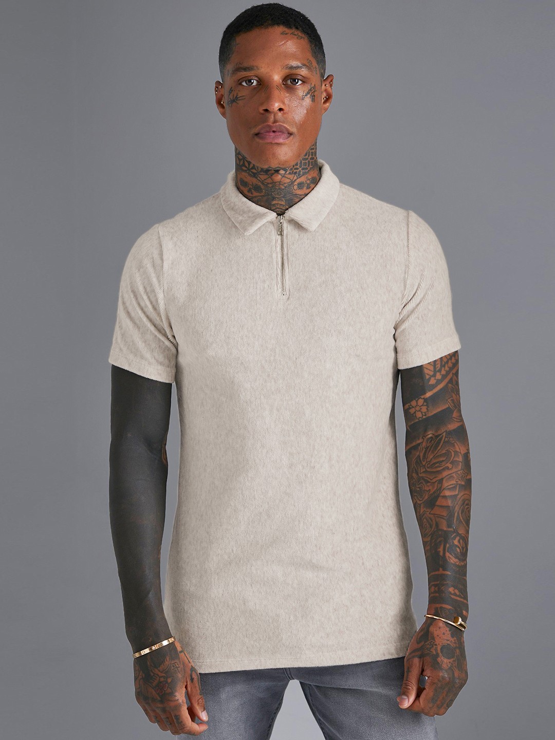 

boohooMAN Velour Finish Polo Collar Pure Cotton Slim Fit T-shirt, White