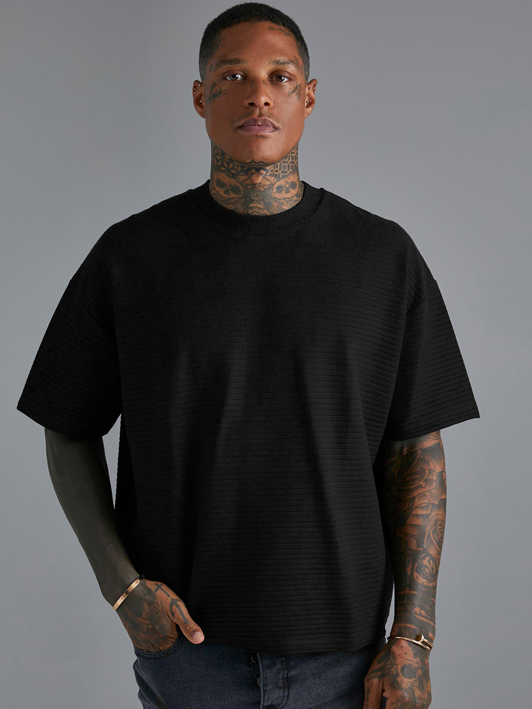 

boohooMAN Pure Cotton Ribbed Boxy T-shirt, Navy blue