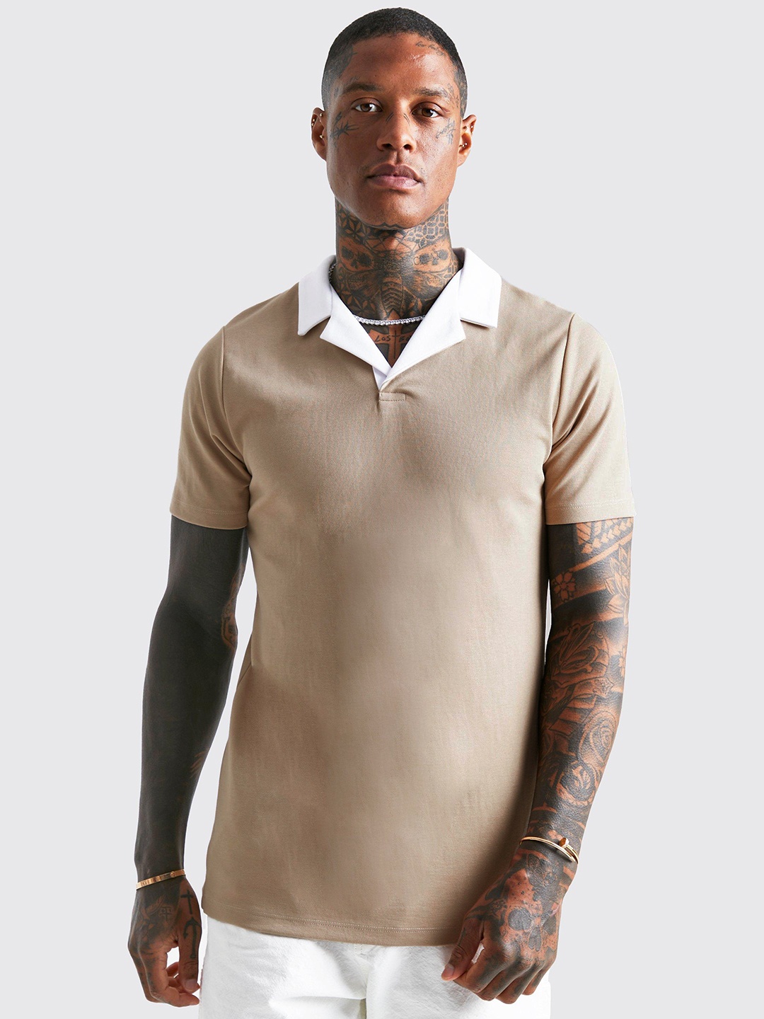 

boohooMAN Polo Collar Slim Fit T-shirt, Beige