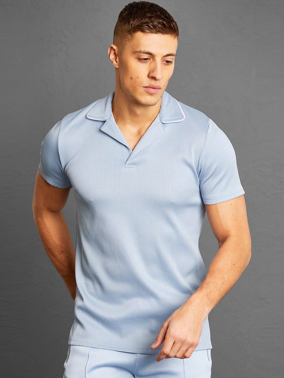

boohooMAN Ribbed Polo Collar Slim Fit T-shirt, Blue
