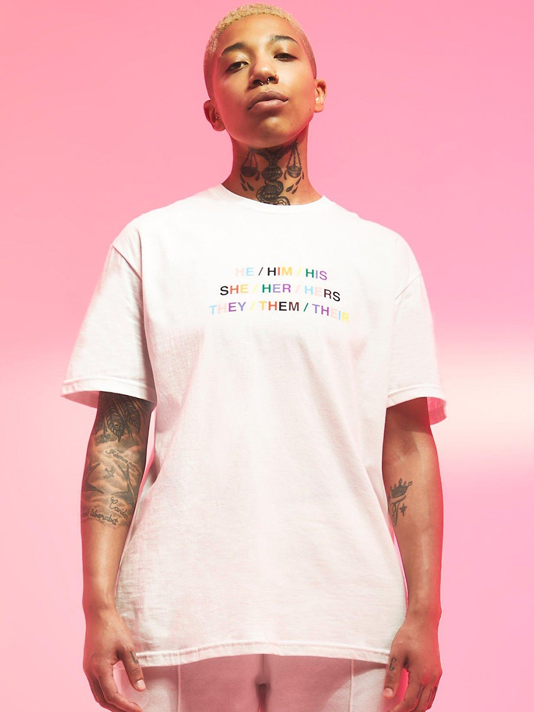 

boohooMAN Pride Pronouns Printed Pure Cotton T-shirt, Off white