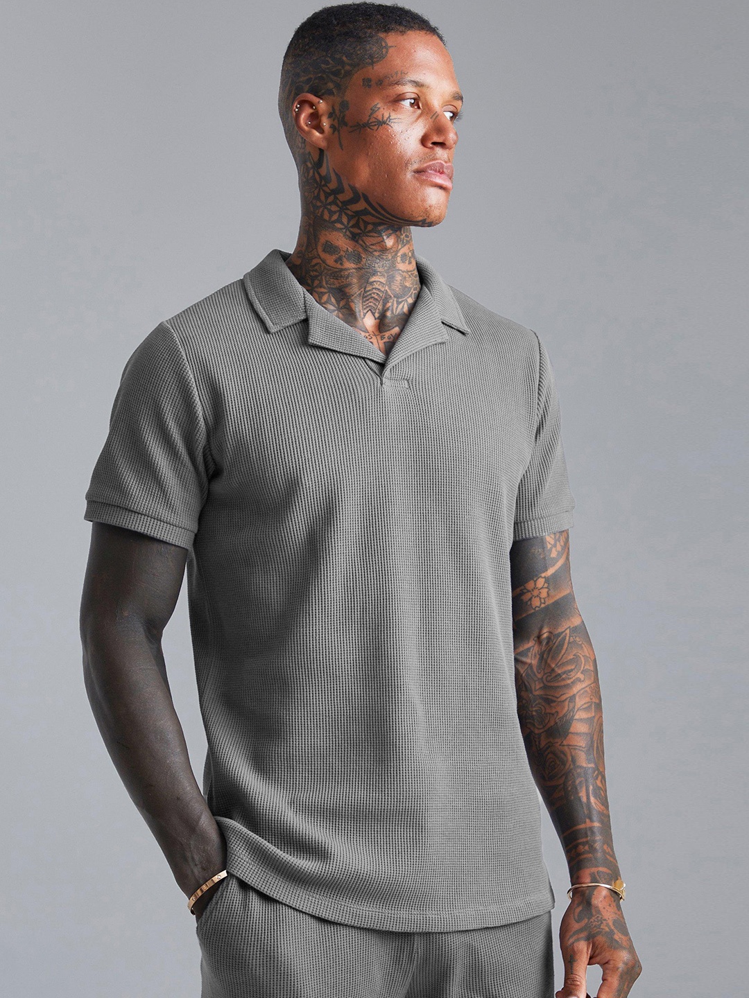 

boohooMAN Polo Collar Pure Cotton Slim Fit T-shirt, Charcoal