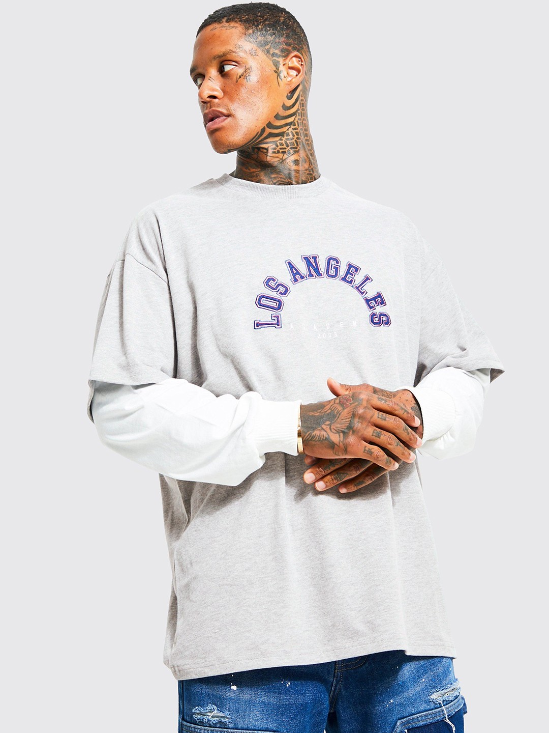 

boohooMAN Printed Oversized Pure Cotton T-shirt, Grey