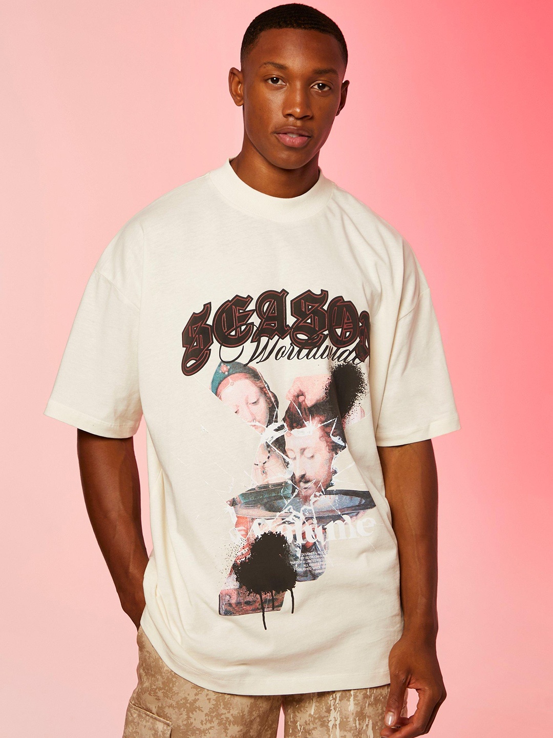 

boohooMAN Printed Pure Cotton Oversized T-shirt, Cream
