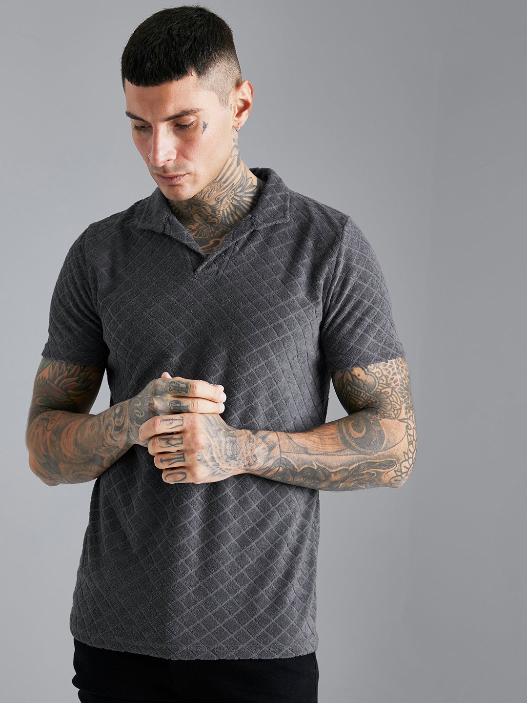 

boohooMAN Self Design Polo Collar T-shirt, Charcoal