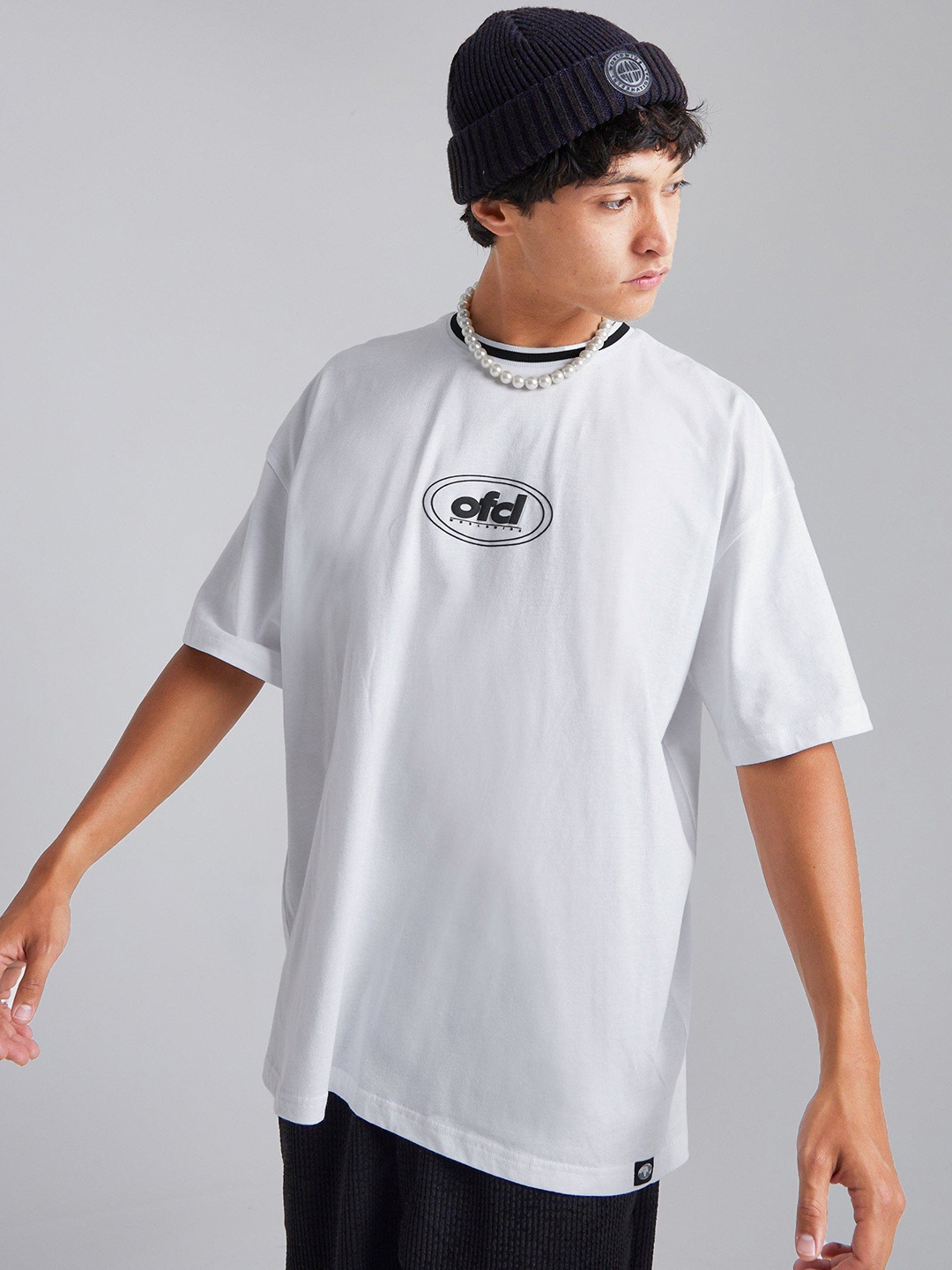 boohooMAN Printed Pure Cotton Oversized T-shirt, Off white
