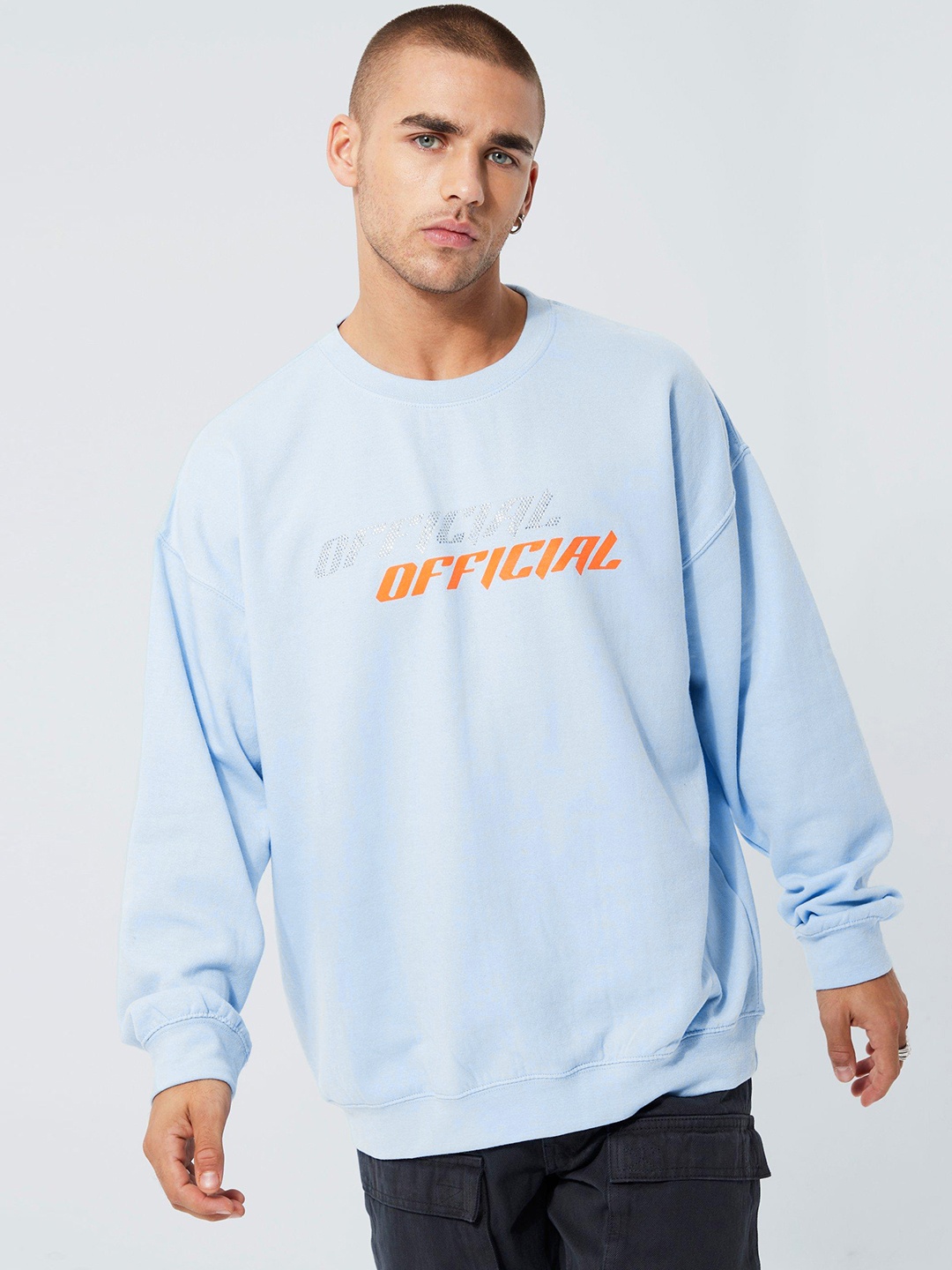 

boohooMAN Printed Embellished Oversized Sweatshirt, Blue