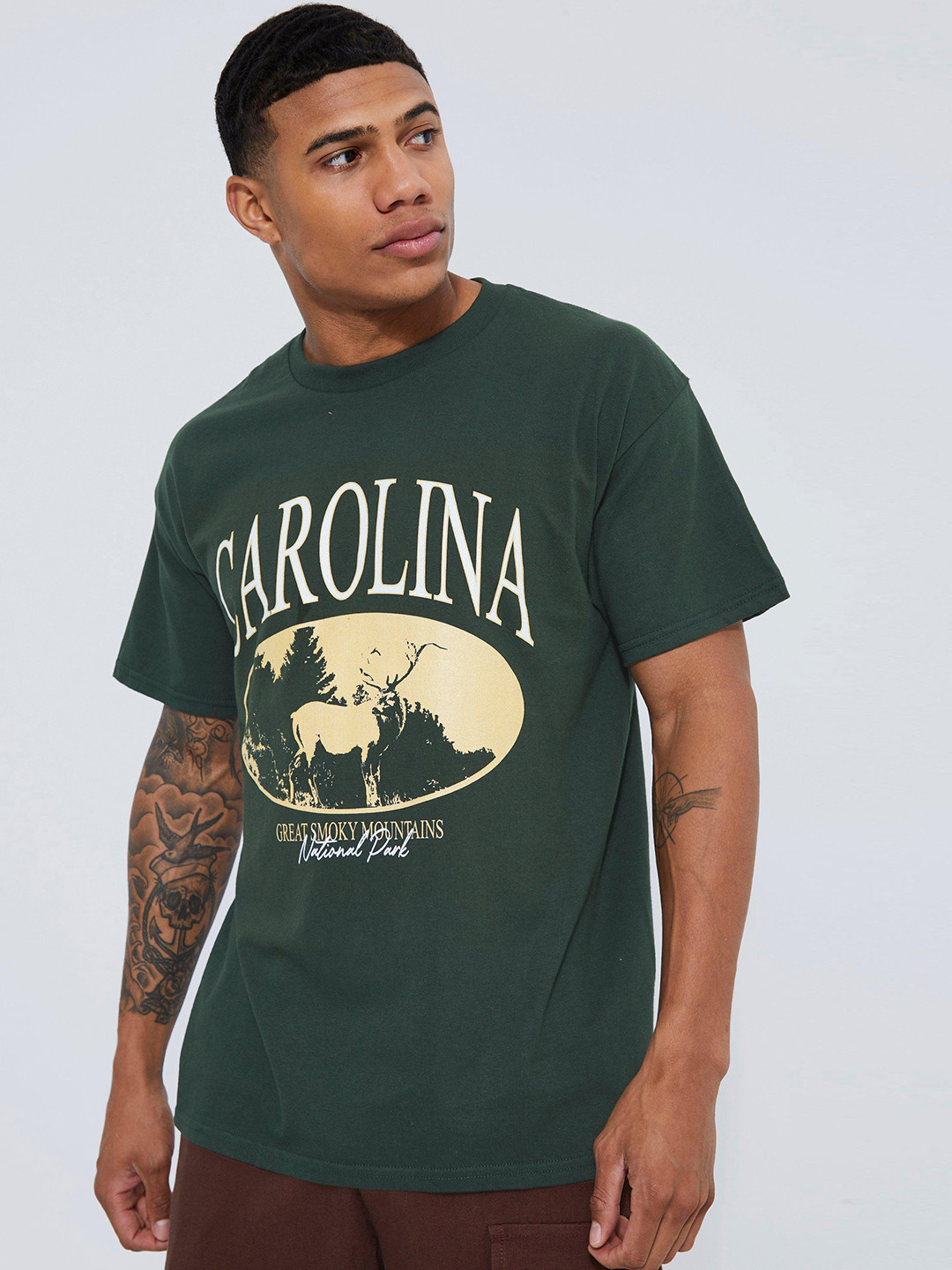 

boohooMAN Oversized Printed Drop-Shoulder Sleeves Pure Cotton T-shirt, Green