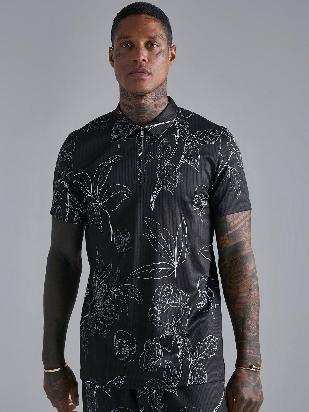 

boohooMAN Floral Printed Polo Collar Slim Fit T-shirt, Charcoal