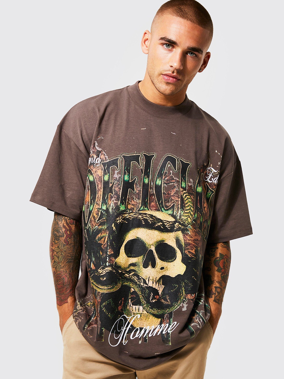 

boohooMAN Printed Pure Cotton Oversized T-shirt, Brown