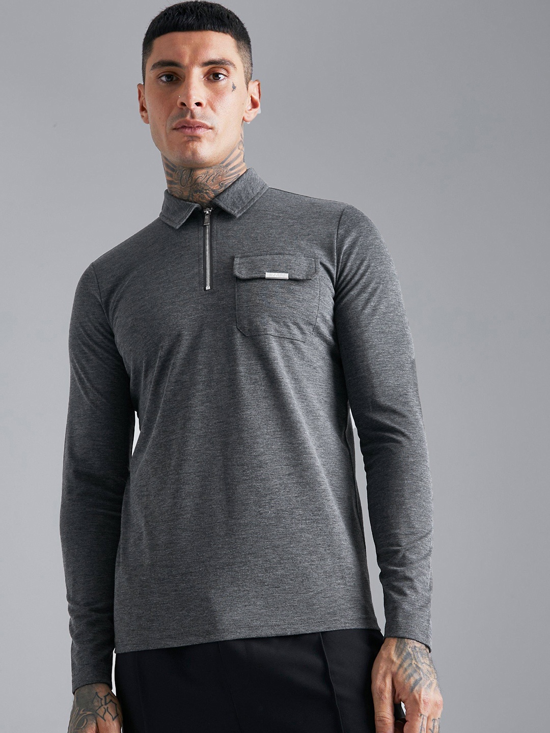 

boohooMAN Polo Collar Slim Fit T-shirt, Charcoal