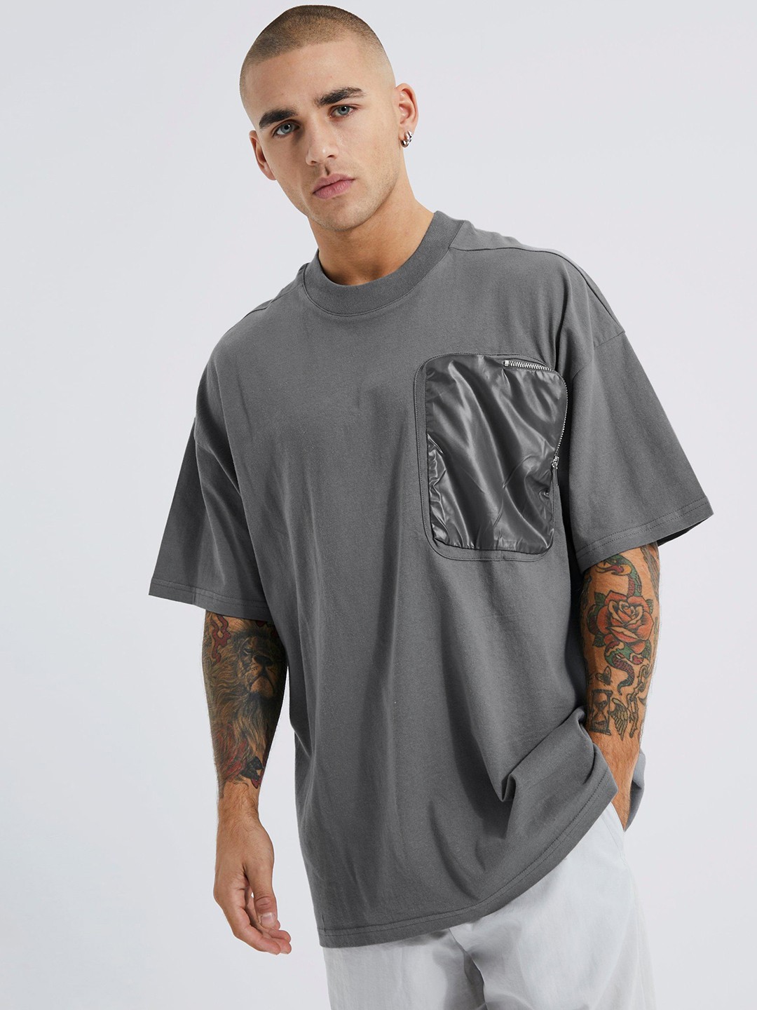 

boohooMAN Utility Pocket Pure Cotton Oversized T-shirt, Grey