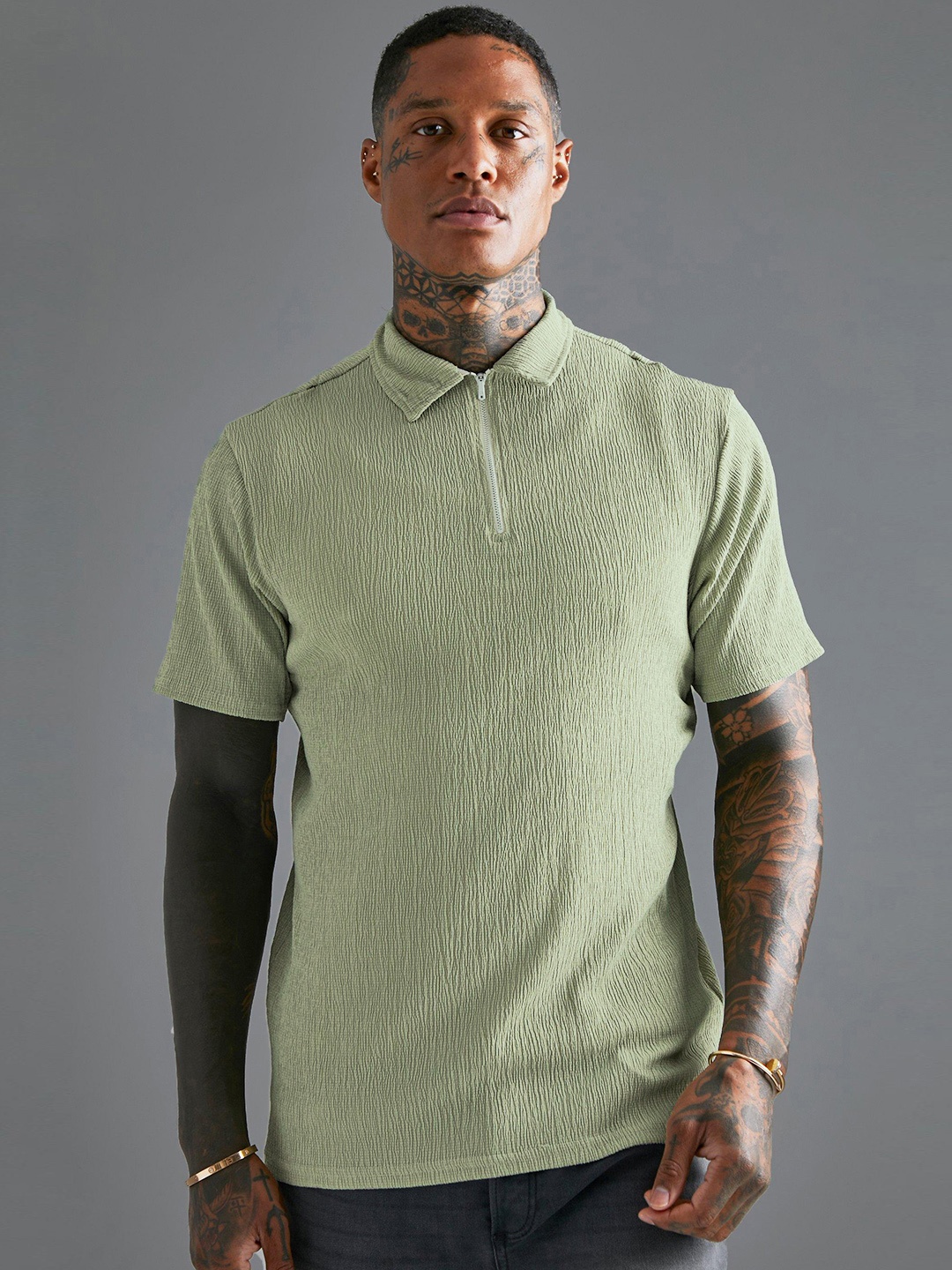 

boohooMAN Crinkled Polo Collar Slim Fit T-shirt, Green