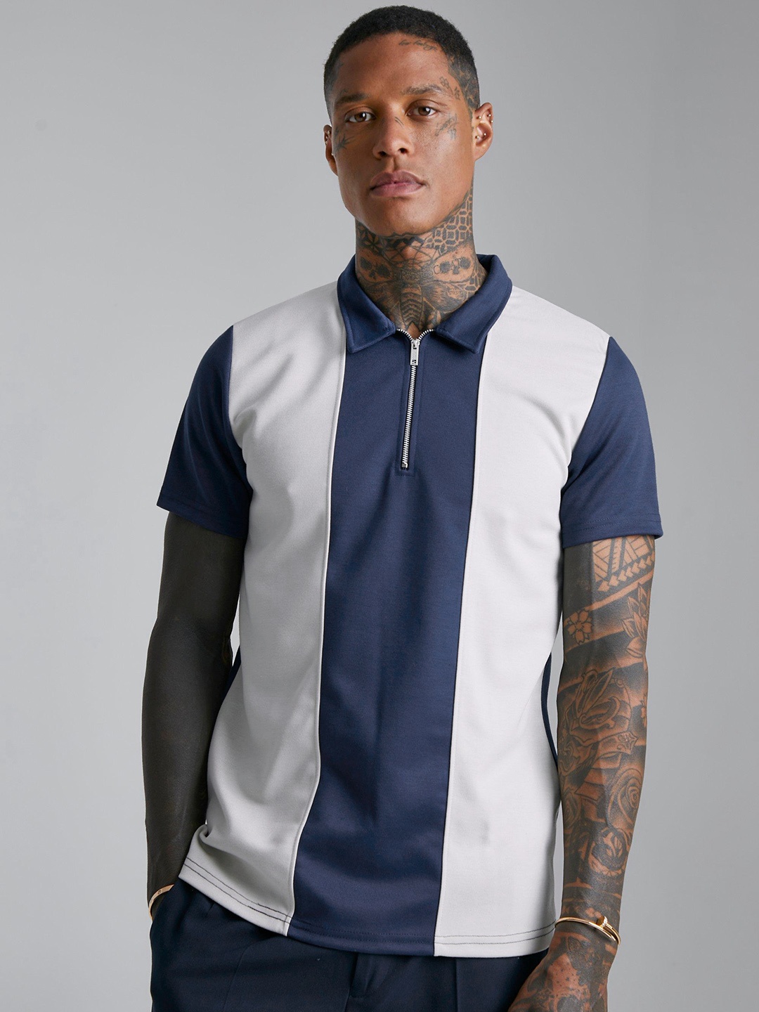 

boohooMAN Striped Polo Collar Slim Fit T-shirt, Navy blue