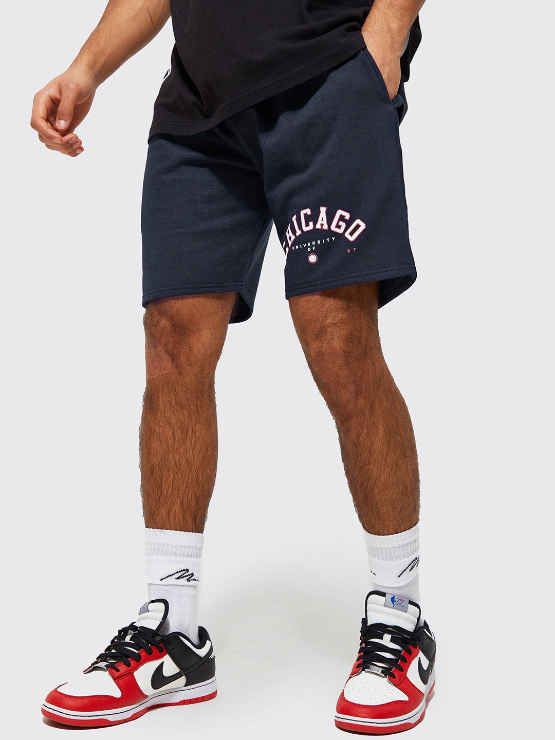 boohooMAN Velour Drop-Shoulder Sleeves Oversized T-shirt, Navy blue
